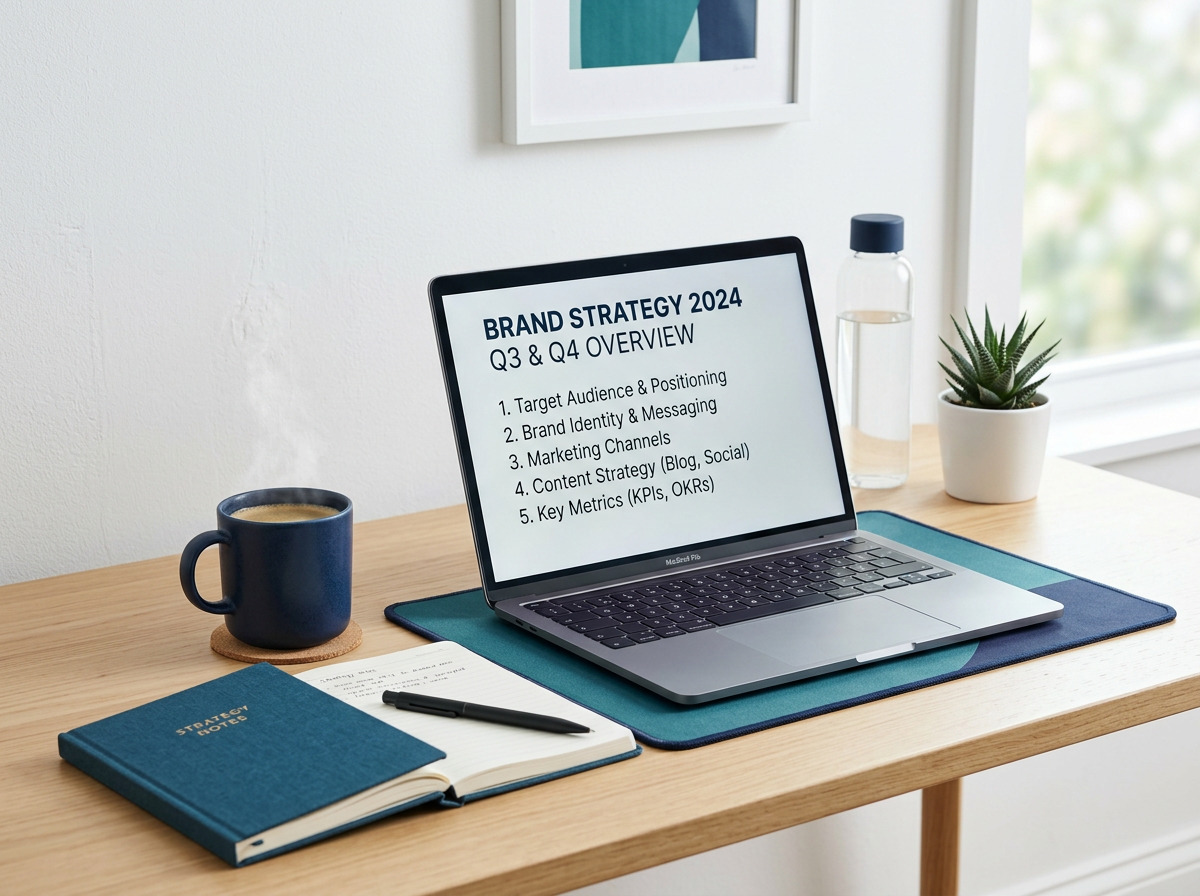 Strategic planning journal and brand strategy outline on office desk