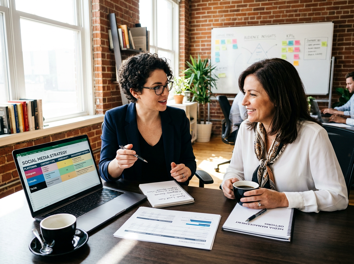 Two professionals discussing marketing options