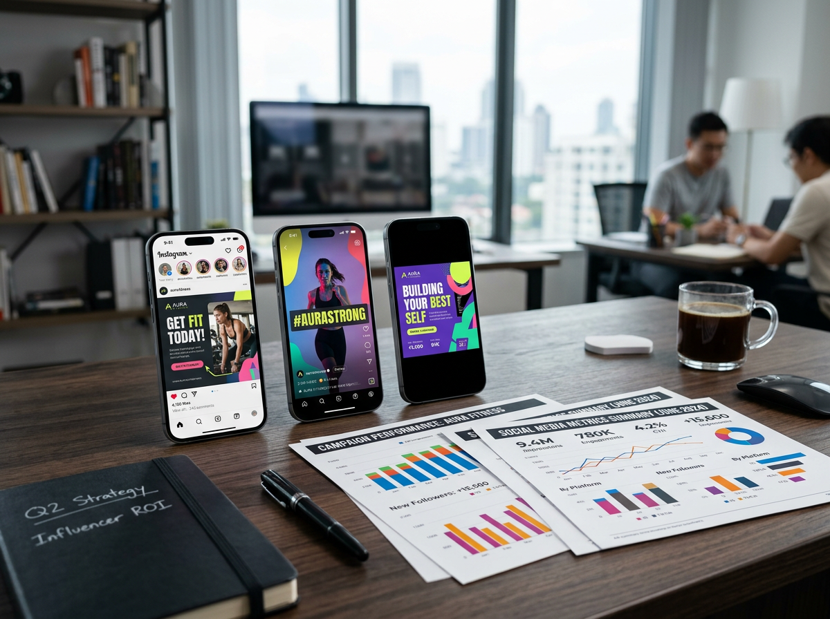 Social media creative assets and strategy docs laid out on a table